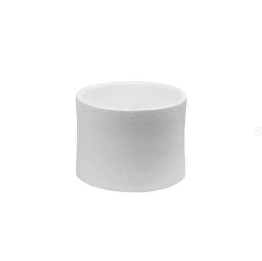 White flower pot with product details on a white background